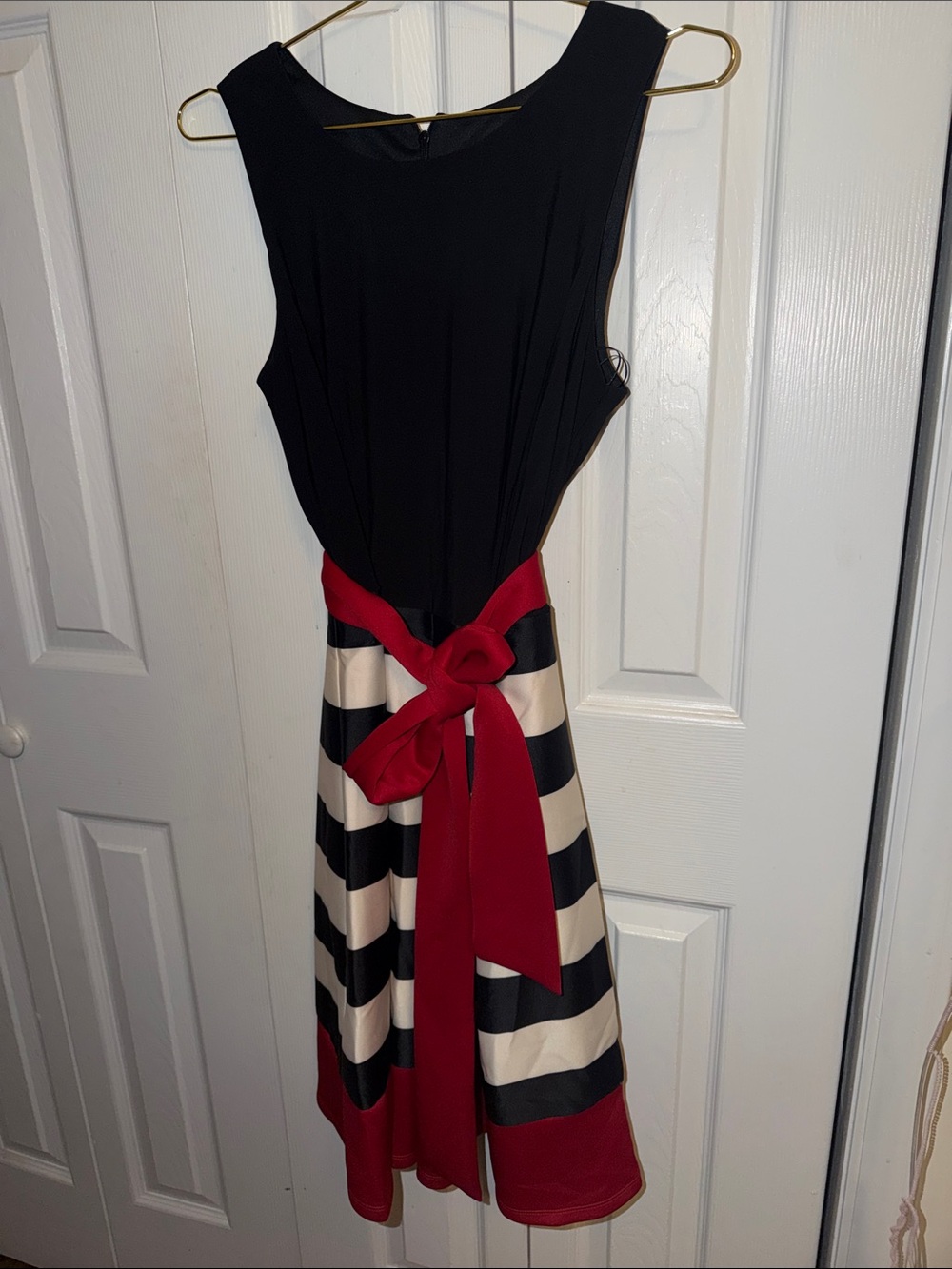 Sleeveless Black & Red Striped Fit-and-Flare Dress with Red Sash